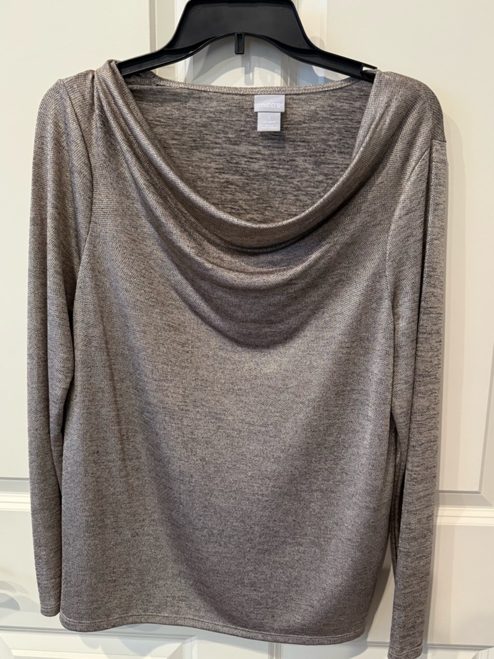 NWOT Chico’s Metallic Draped Cowl Neck blouse, medium (Chicos sz 1).